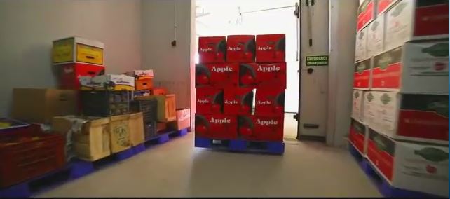 Fruit crates being handled at the Coimbatore cold storage