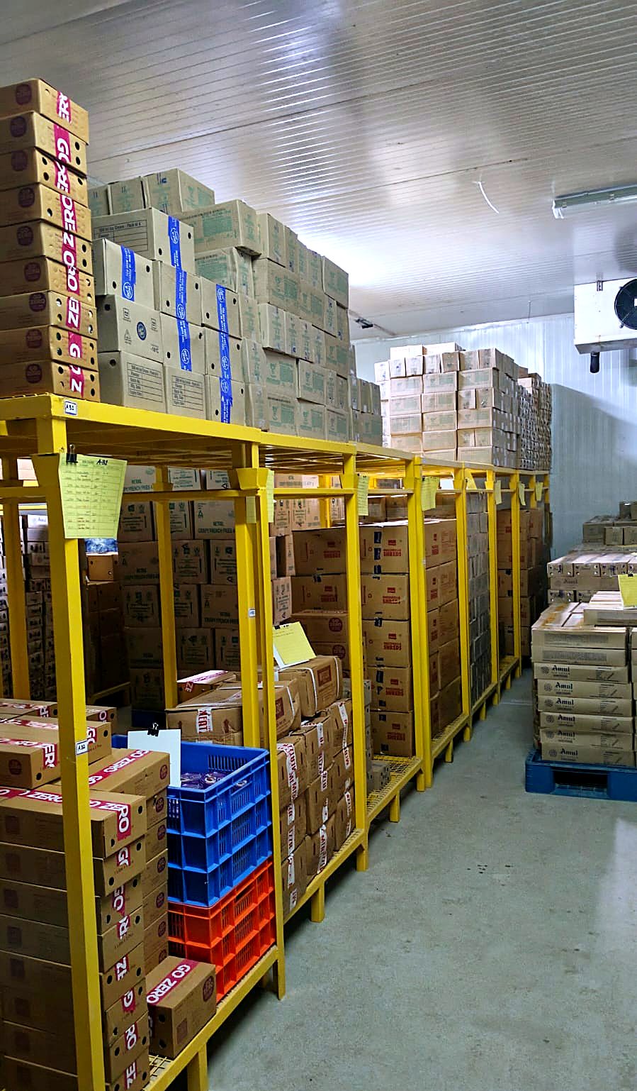 Racked aisle inside the Vilva Fruits cold storage facility in Coimbatore, stacked with dairy and frozen cartons